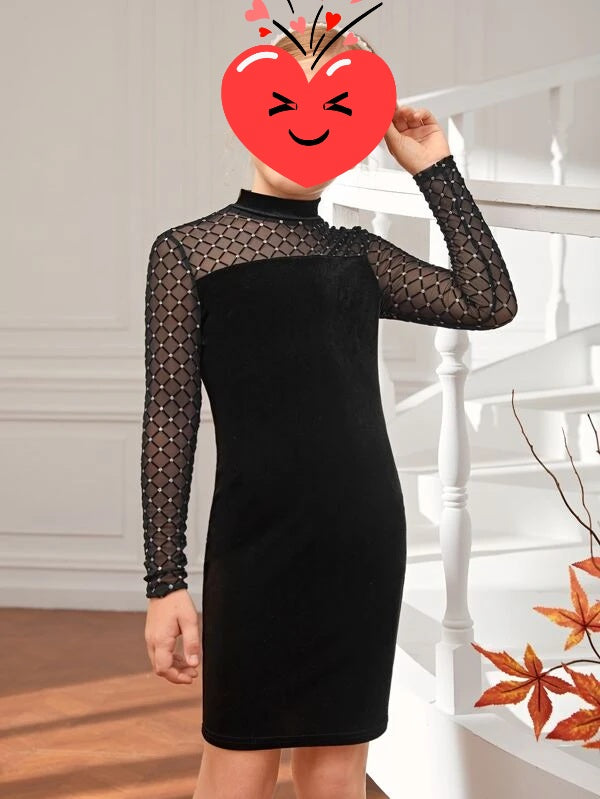 Girls Mock Neck Sheer Mesh Yoke Velvet Dress TrendyTeenz.za Girls Mock Neck Sheer Mesh Yoke Velvet Dress TrendyTeenz.za