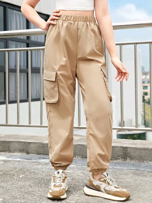 Teen Girls' Casual Solid Color Utility High Waisted Long Pants