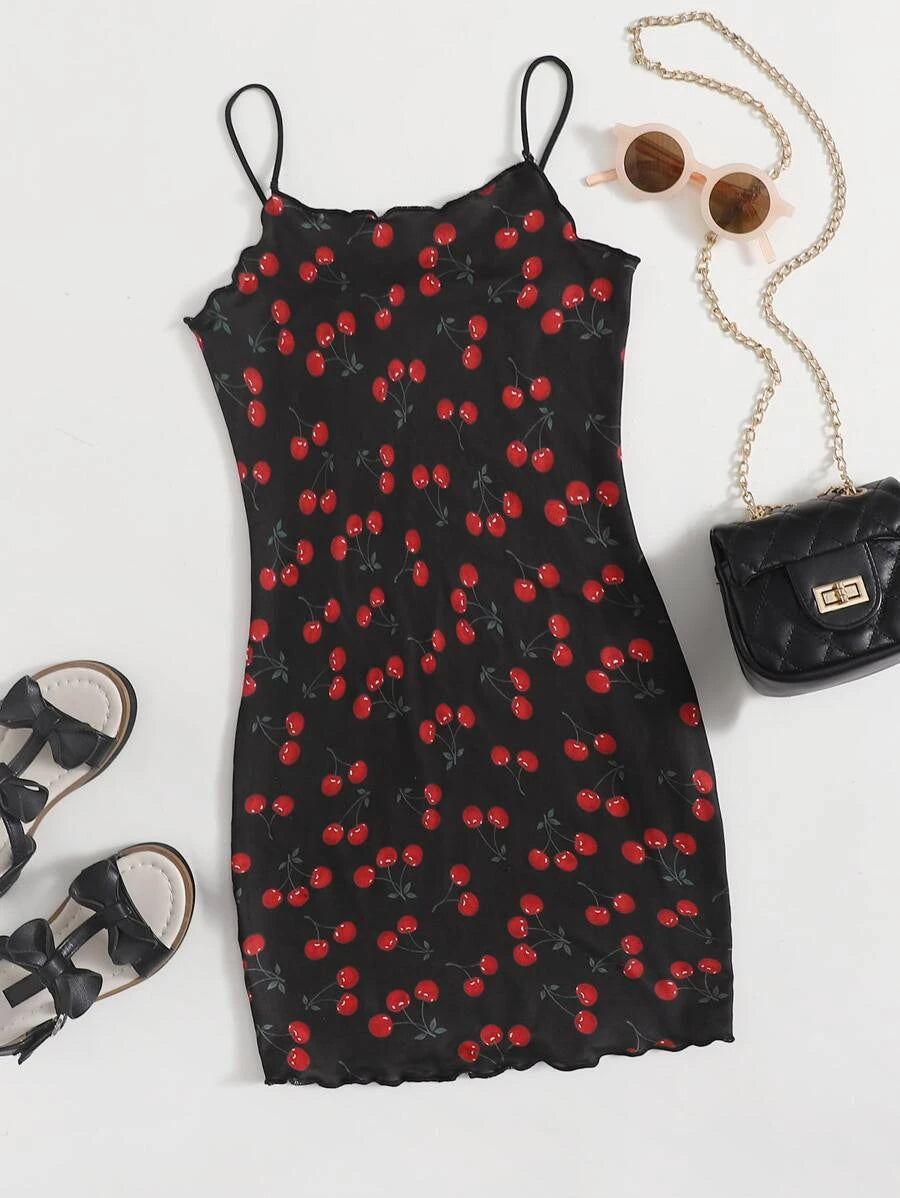 Girls Allover Cherry Print Lettuce Trim Dress