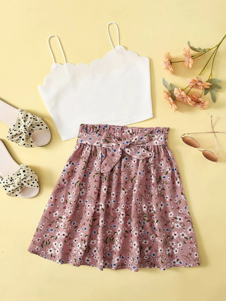 Girls Scallop Trim Cami Top & Floral Skirt Set