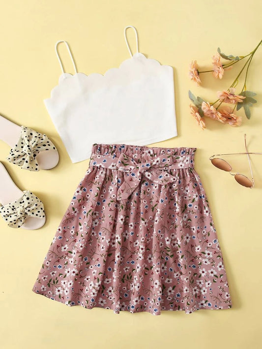 Girls Scallop Trim Cami Top & Floral Skirt Set