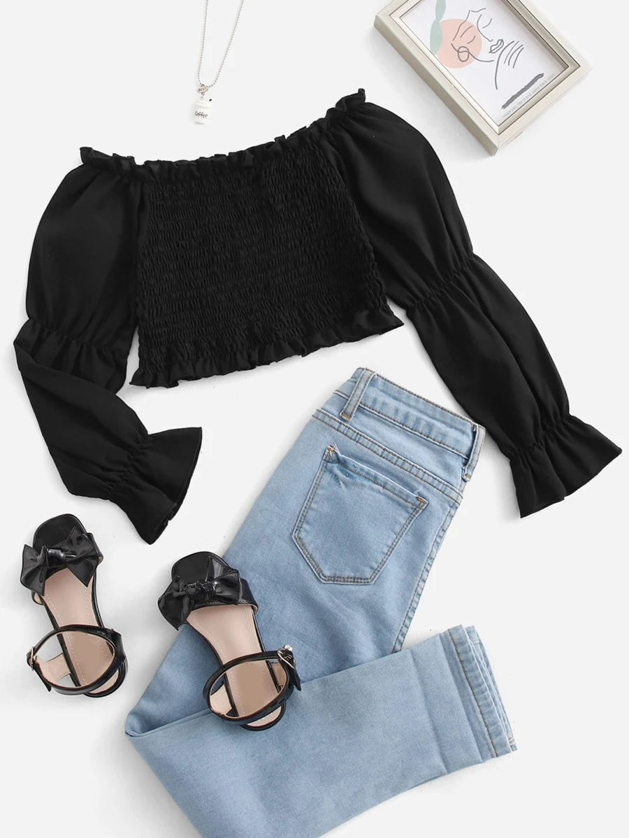 Girls Off Shoulder Frill Trim Shirred Gathered Sleeve Blouse