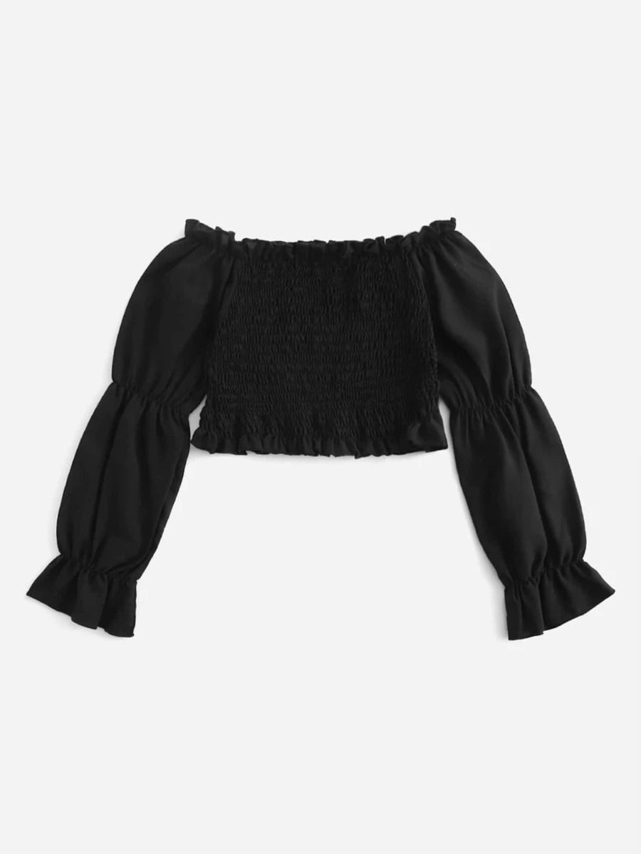 Girls Off Shoulder Frill Trim Shirred Gathered Sleeve Blouse