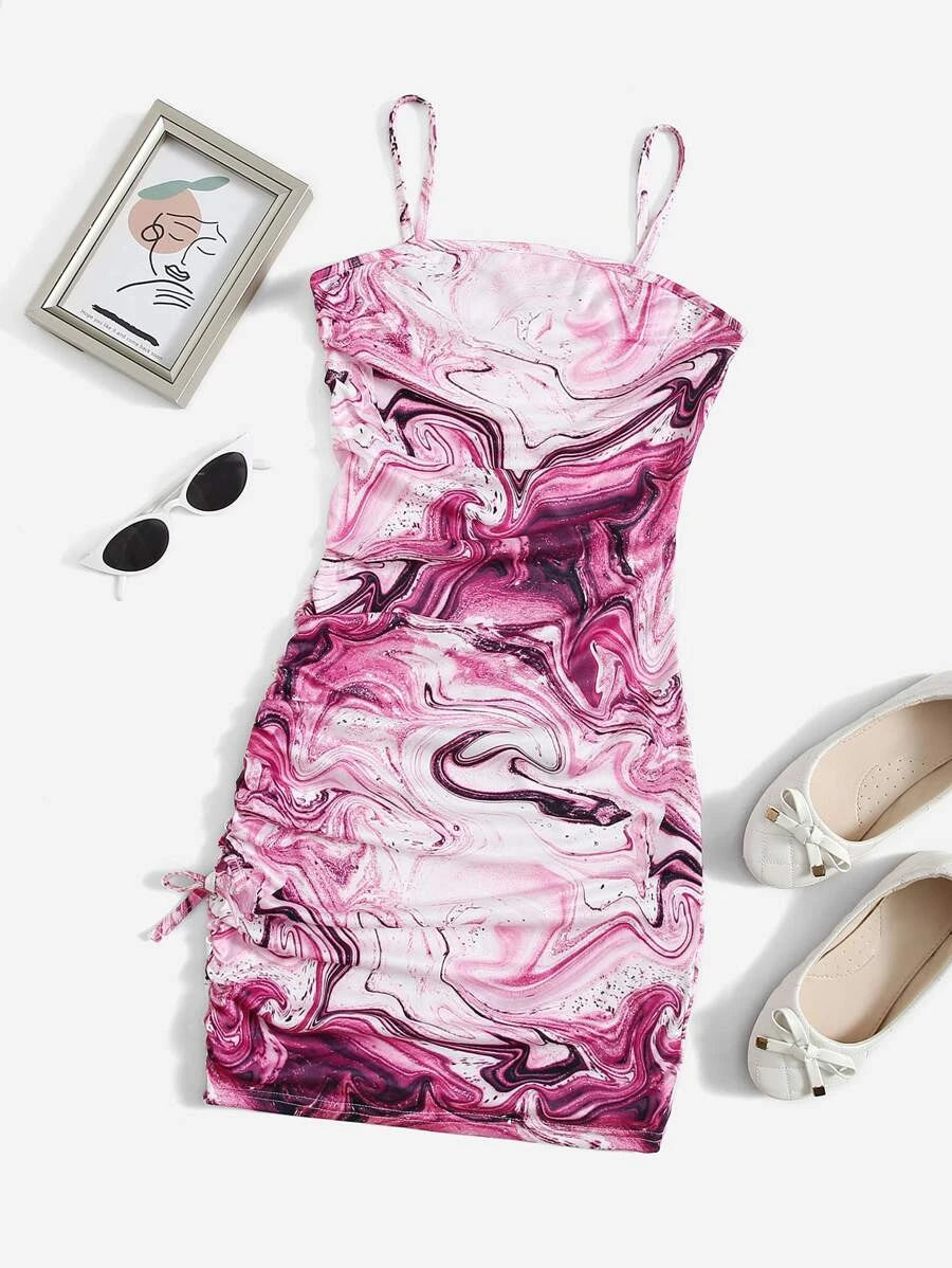 Girls Marble Print Drawstring Knot Side Fitted Dress
