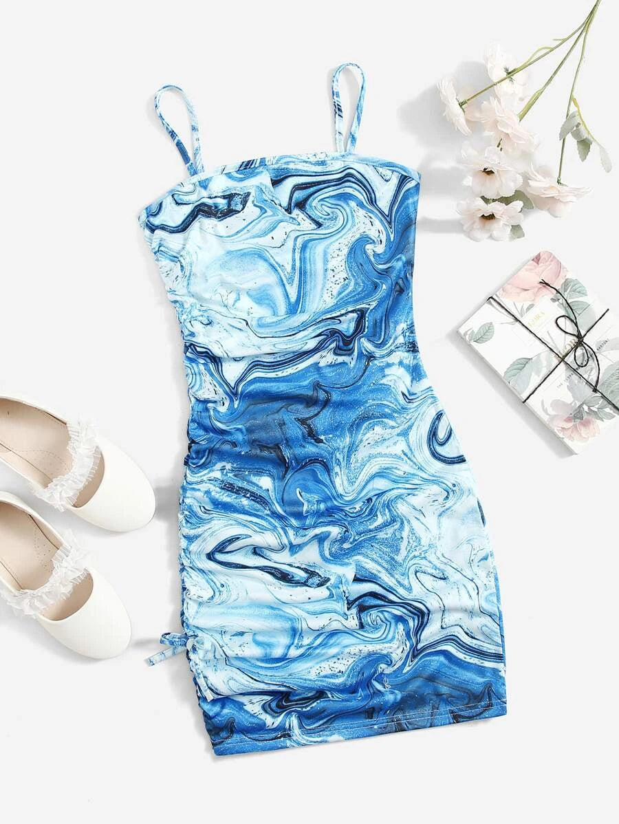 Teen Girls Marble Print Drawstring Knot Side Fitted Dress