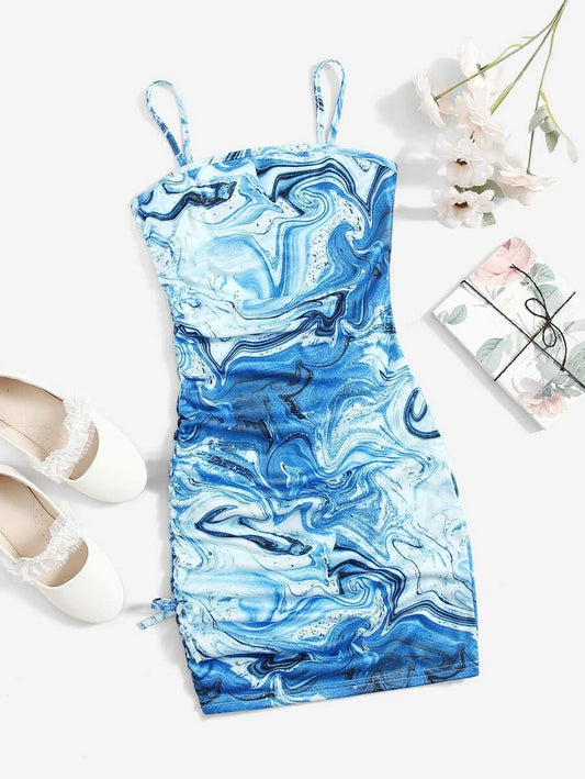 Teen Girls Marble Print Drawstring Knot Side Fitted Dress