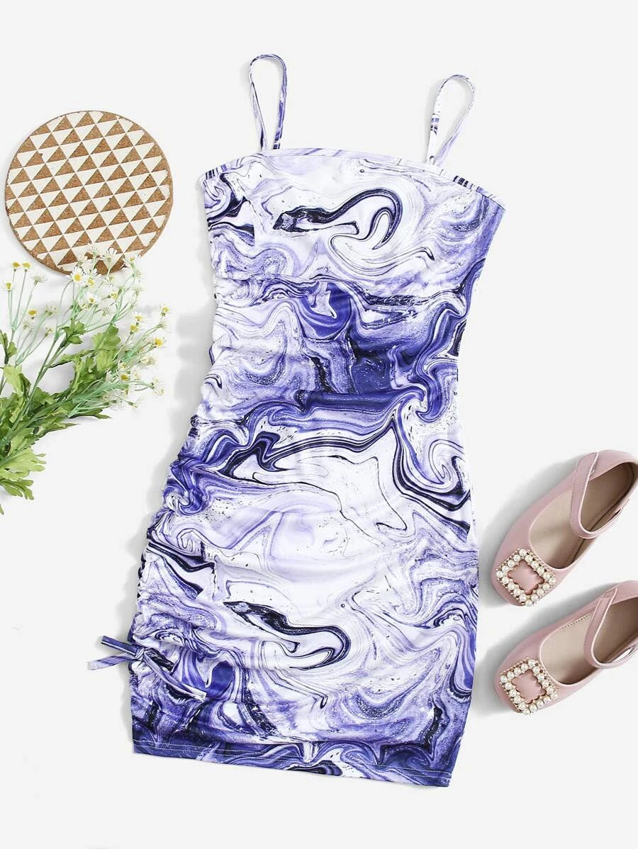 Girls Marble Print Drawstring Knot Side Fitted Dress