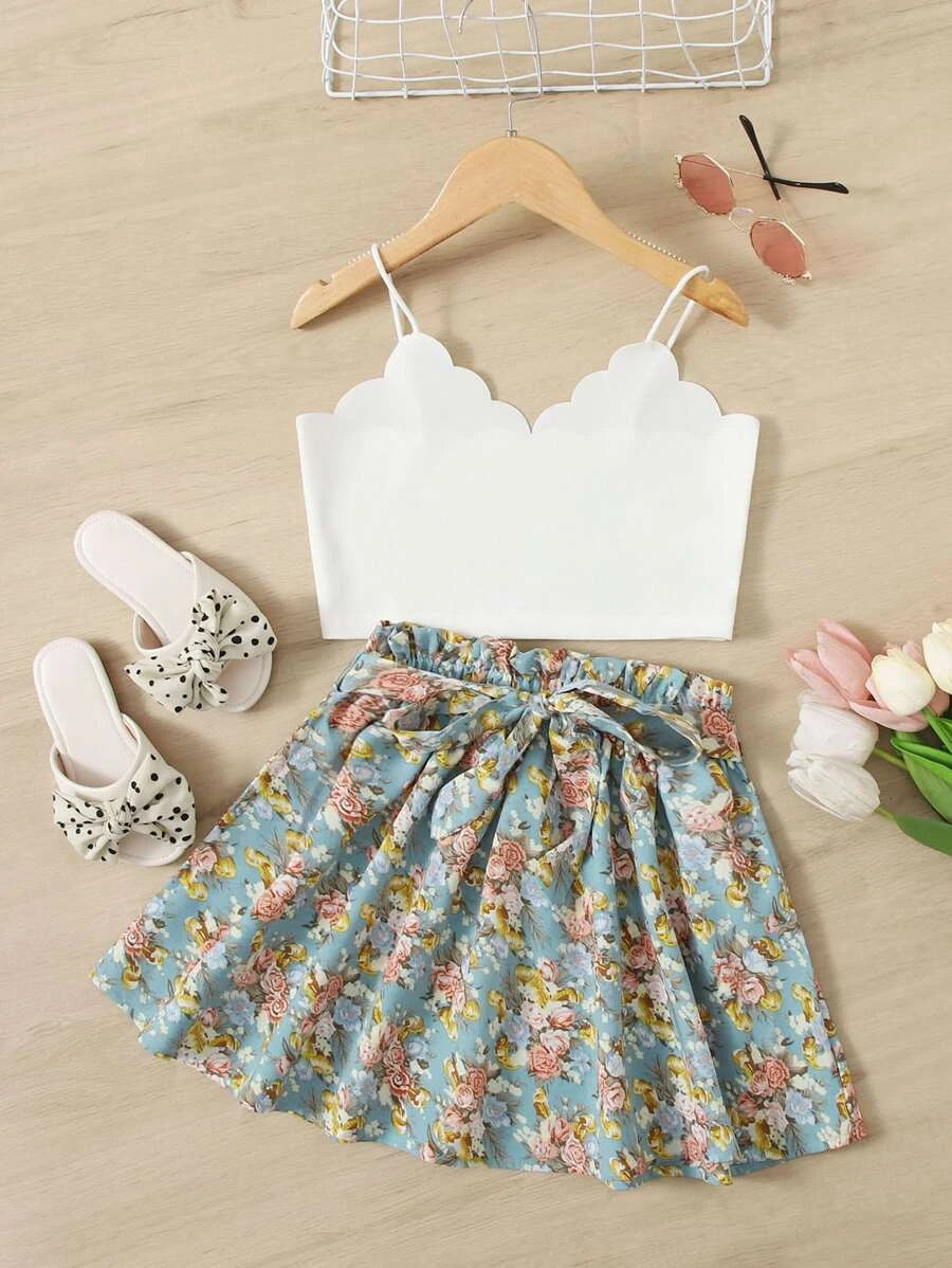 Girls Scallop Trim Cami Top & Paperbag Waist Floral Shorts