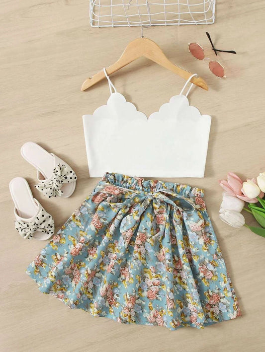 Girls Scallop Trim Cami Top & Paperbag Waist Floral Shorts