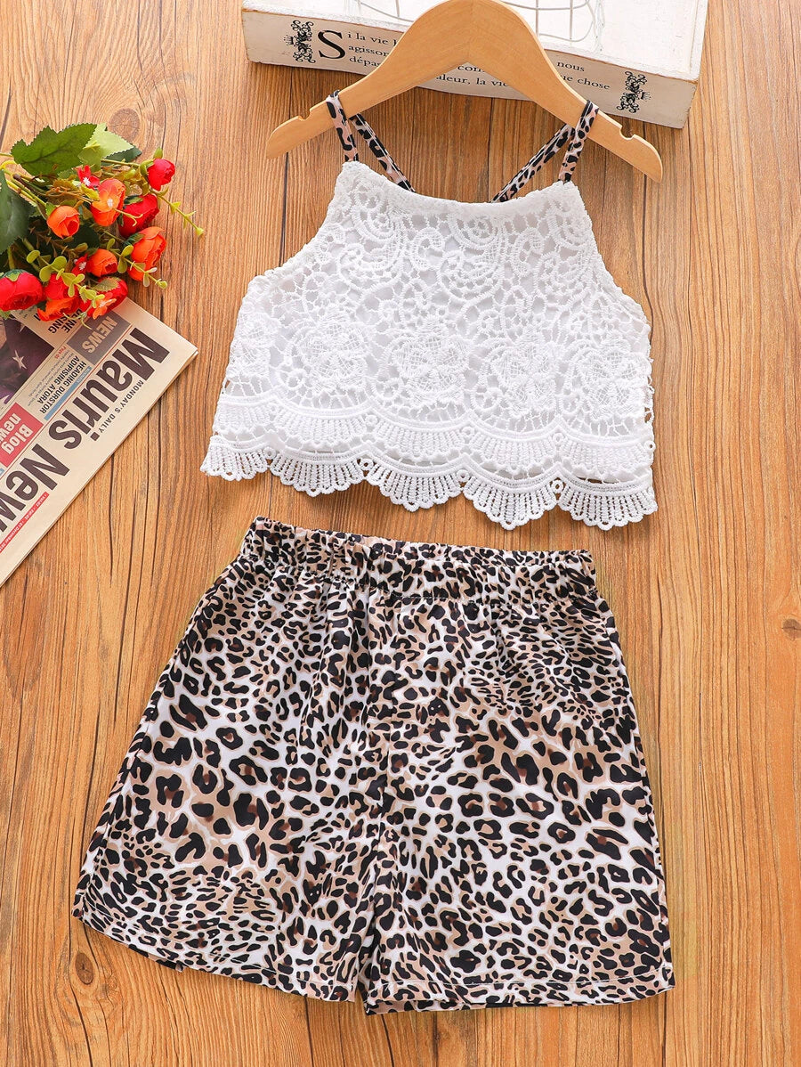 Girls Crochet Scallop Cami Top With Leopard Shorts