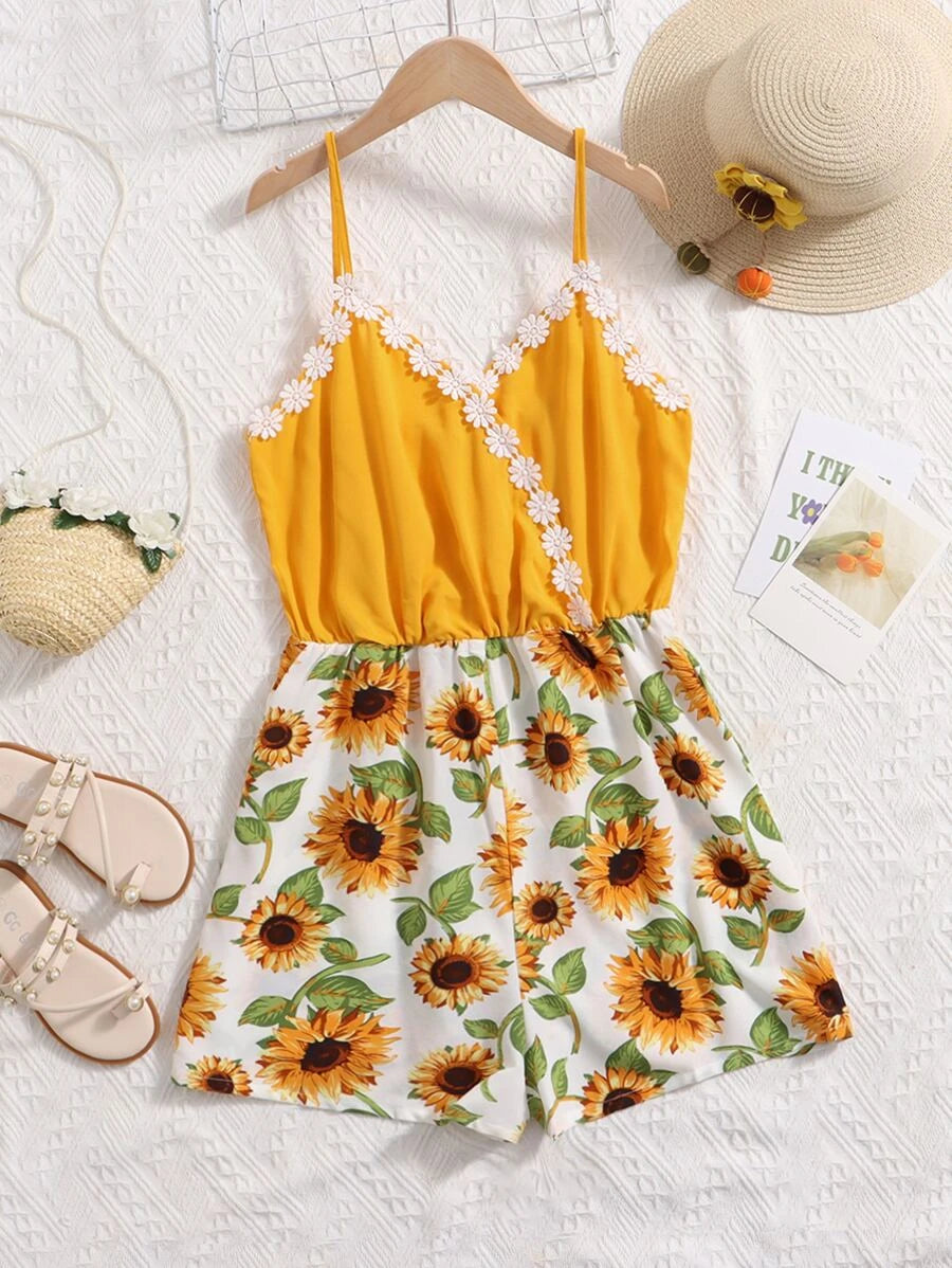 Girls Sunflower Print Wrap Guipure Lace Cami Romper