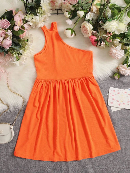 Girls One Shoulder Ribbed Knit Dress