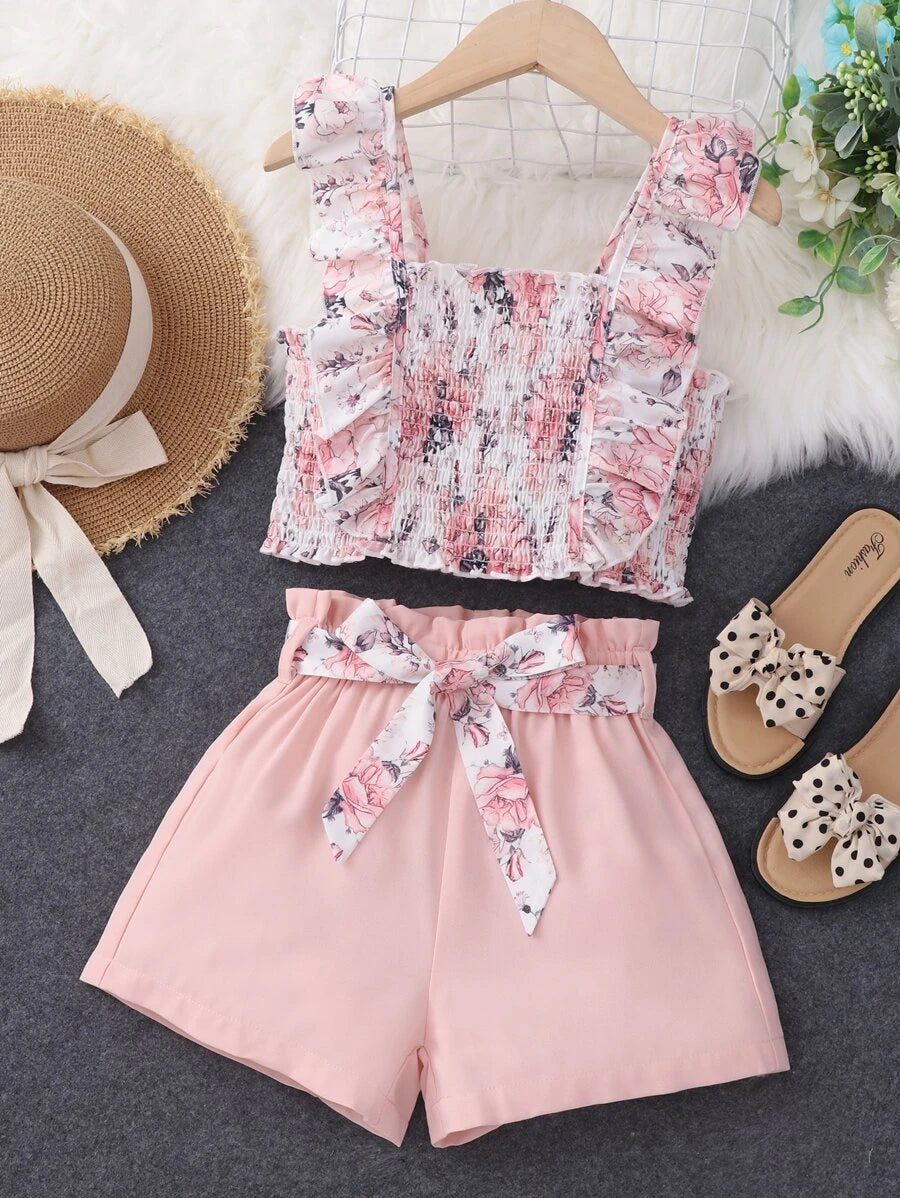Girls Floral Print Shirred Ruffle Hem Cami Top & Belted Shorts