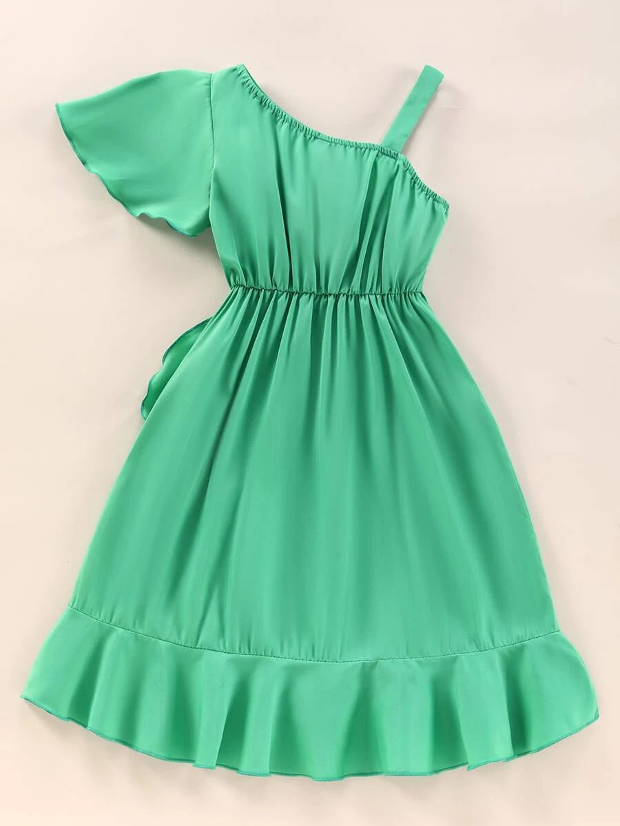 Girls Asymmetrical Neck Butterfly Sleeve Ruffle Trim Wrap Dress