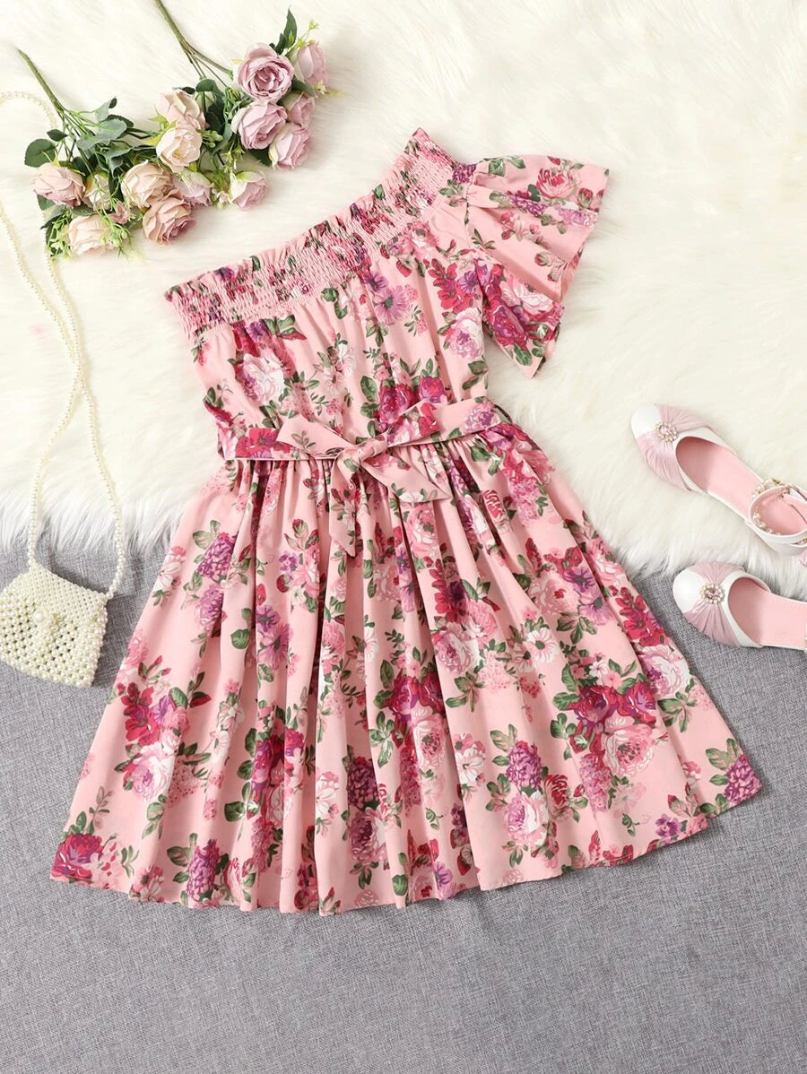 Teen Girls Floral Print Shirred Belted One Shoulder Dress
