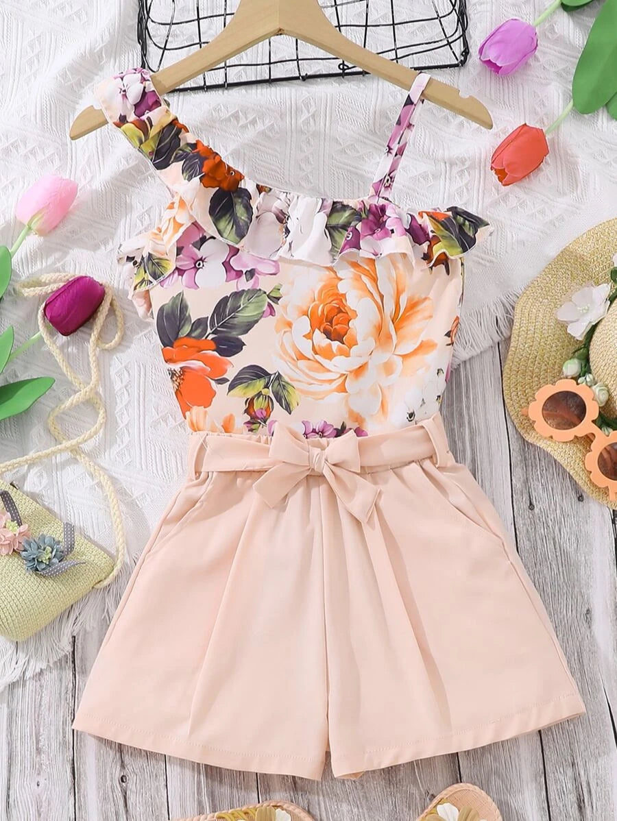 Girls Floral Print Ruffle Trim Top & Belted Shorts