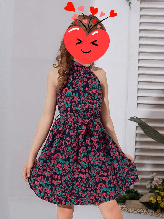 Girls Allover Floral Print Belted Dress