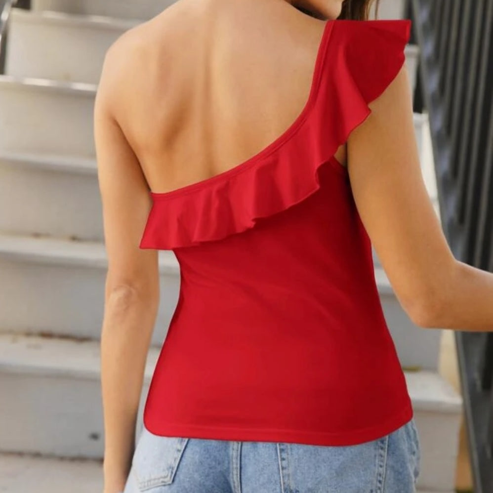 One Shoulder Ruffle Trim Top