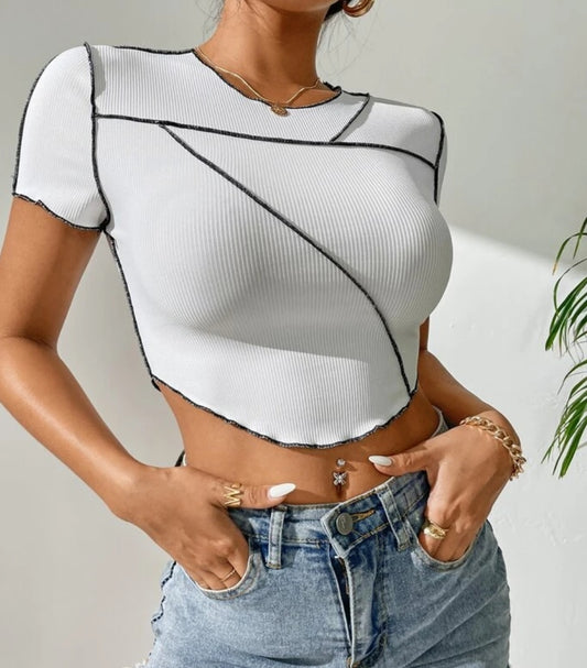 Top-stitching Curved Hem Crop Tee