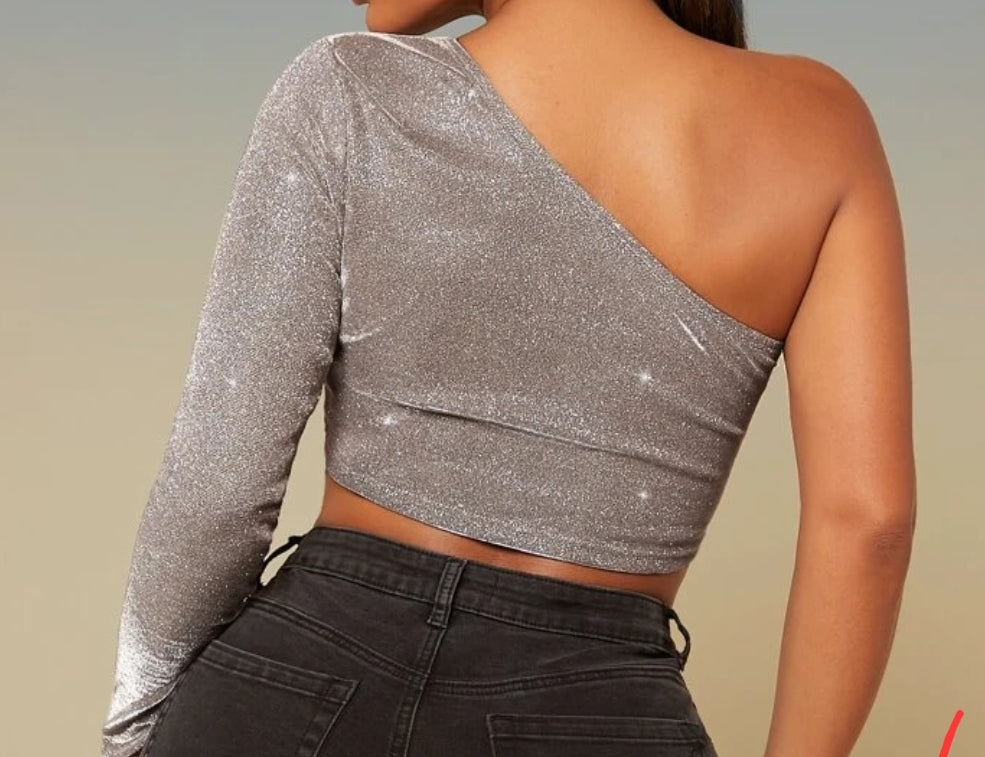 One Shoulder Crop Glitter Top